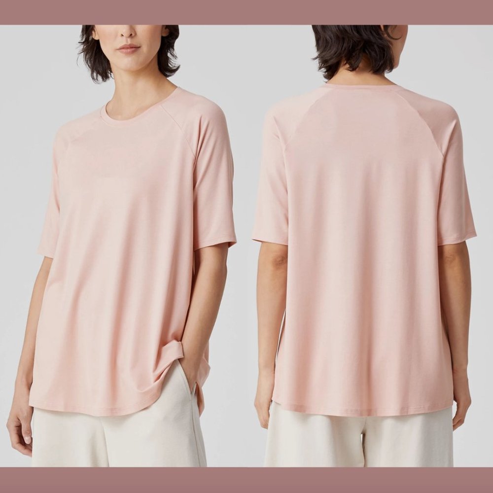 NWT $128 Eileen Fisher [ XS ] Fine Jersey Crew Neck Elbow Sleeve Top Powder 5881